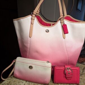 Coach Pink Hombre 3 Pc Set Tote Clutch Wallet